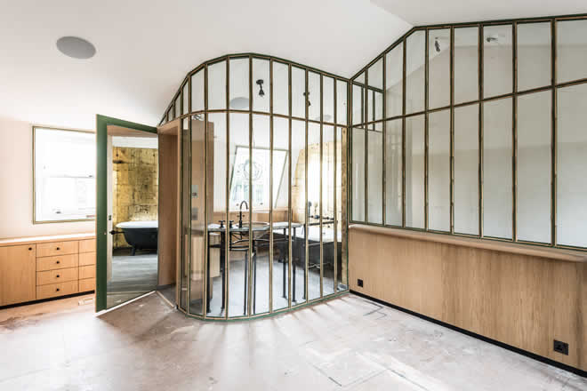 glass and metal room divider